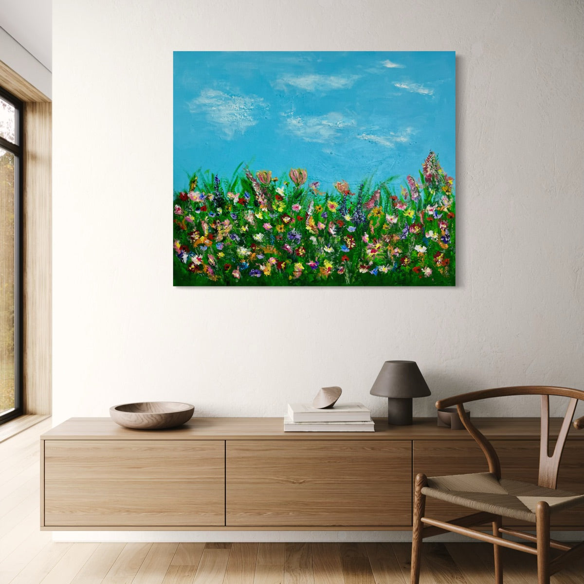 Gemälde kaufen – Wildflower Field von Sabine Runge, bunte Wildblumenwiese im modernen Wohnzimmer an heller Wand