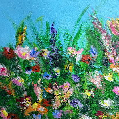 Detailaufnahme Wildflower Field – impastöser Pinselauftrag, Wildblumen in Pink, Lila und Rot, handgemaltes Original, Sabine Runge
