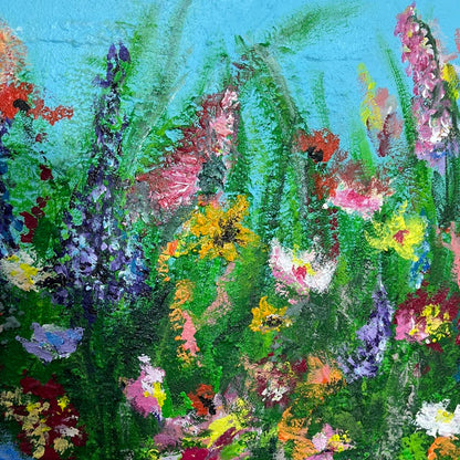 Originalgemälde kaufen – Wildflower Field, bunte Blumenwiese an heller Wohnzimmerwand, handgemalt von Sabine Runge