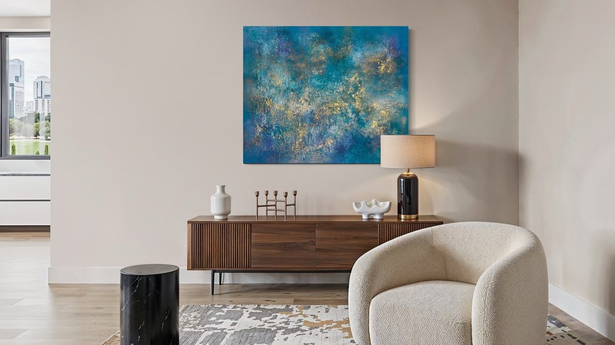 Scent of the Sea – abstract painting in blue, turquoise and gold with gold leaf by Sabine Runge, 120 × 100 cm
