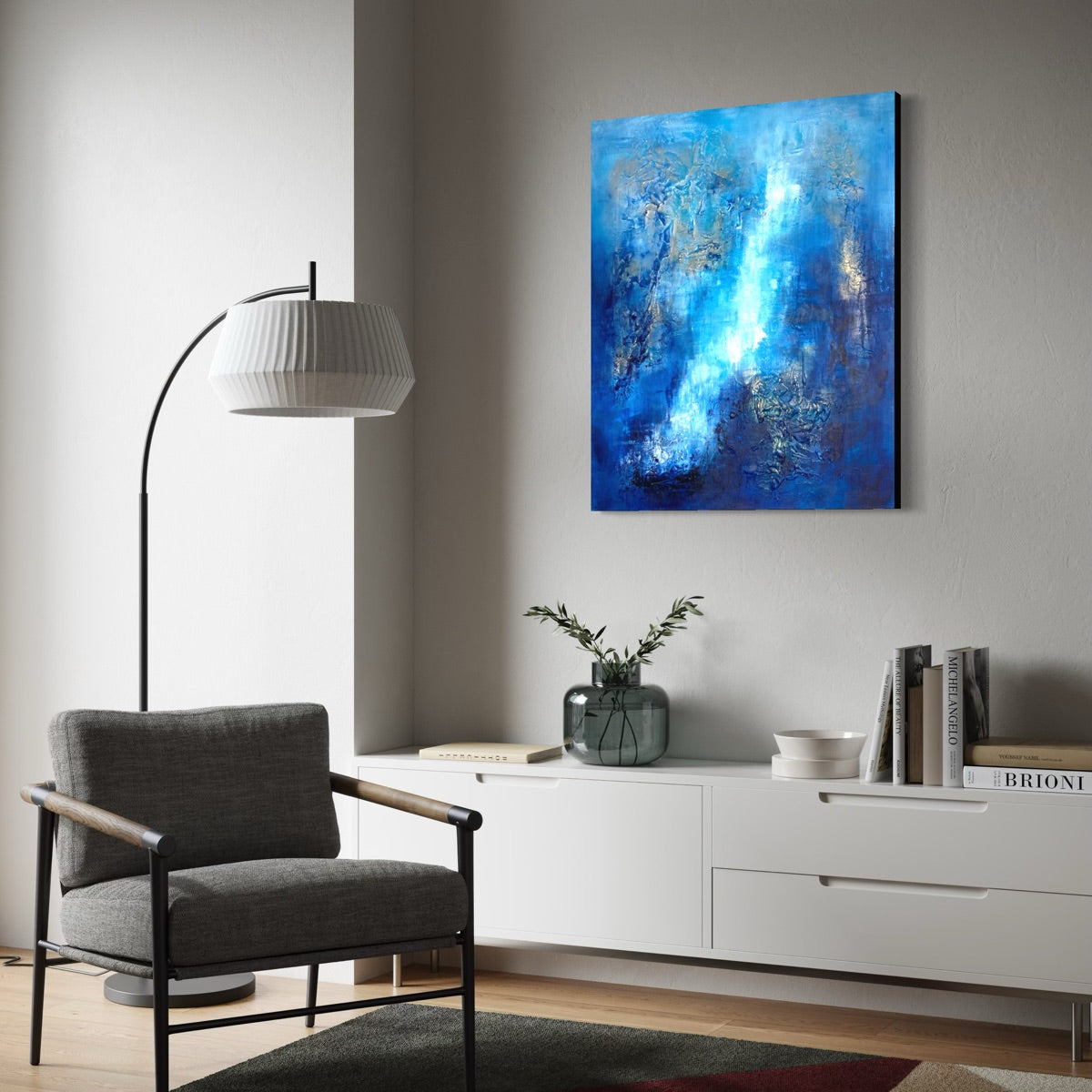 Abstraktes Originalgemälde Del Mar – seitliche Raumansicht, Leinwand mit Strukturpaste in Blau und Gold, 100 x 80 cm, Sabine Runge Painting