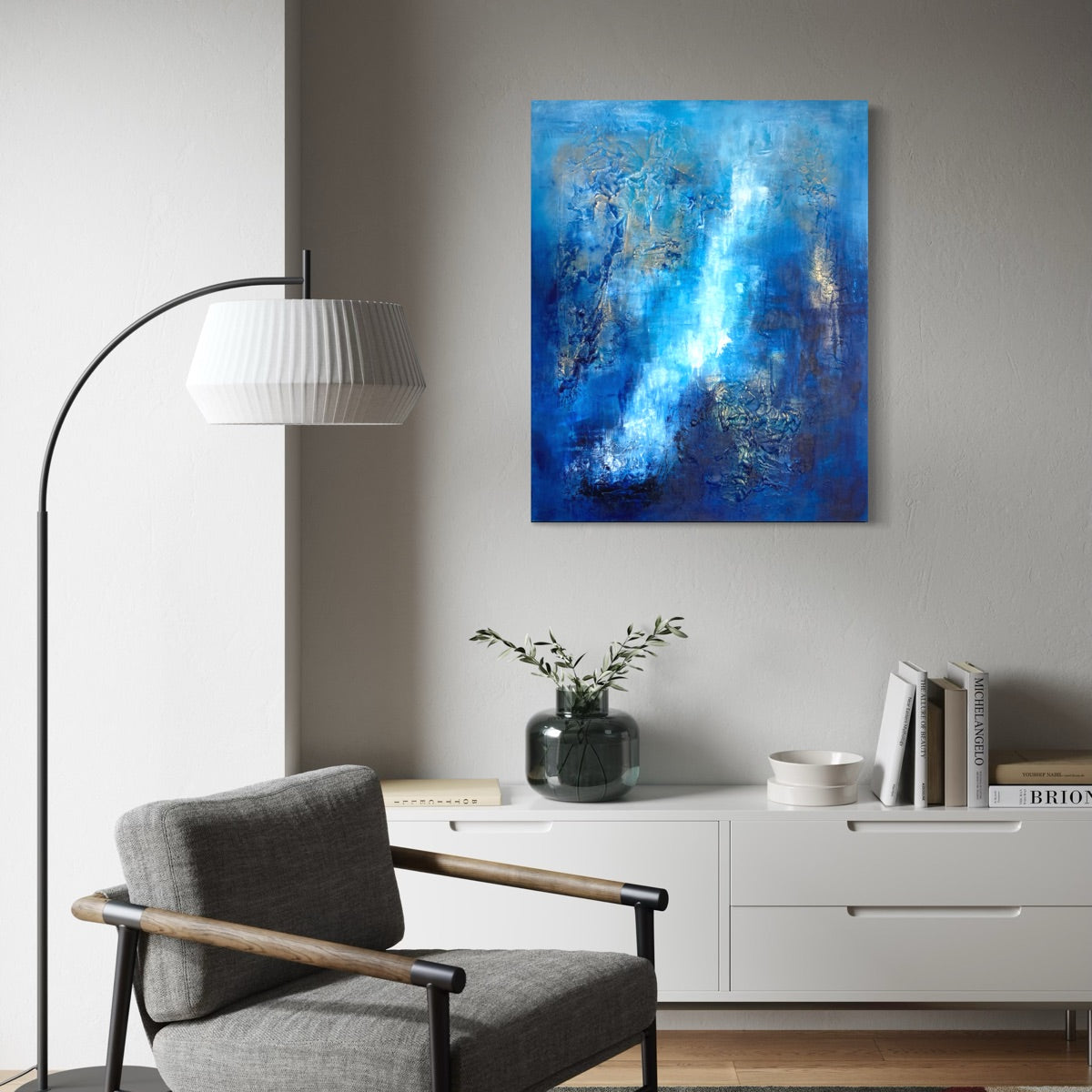 Abstraktes Wandbild Del Mar in modernem Wohnzimmer – großes strukturiertes Originalgemälde in Blau, Nachtblau und Gold, 100 x 80 cm, Sabine Runge Painting