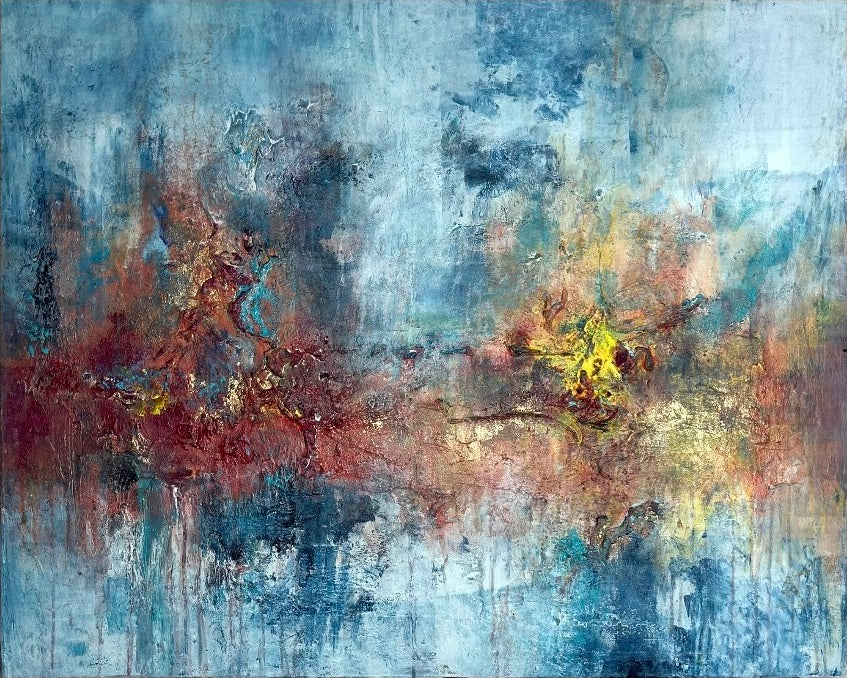 Abstraktes Originalgemälde Whispers Between Worlds – Detailansicht Struktur und Acrylgold in Blau, Weiß, Dunkelrot und Gold, 100 x 80 cm, Sabine Runge Painting, Between Worlds Transformation Kollektion