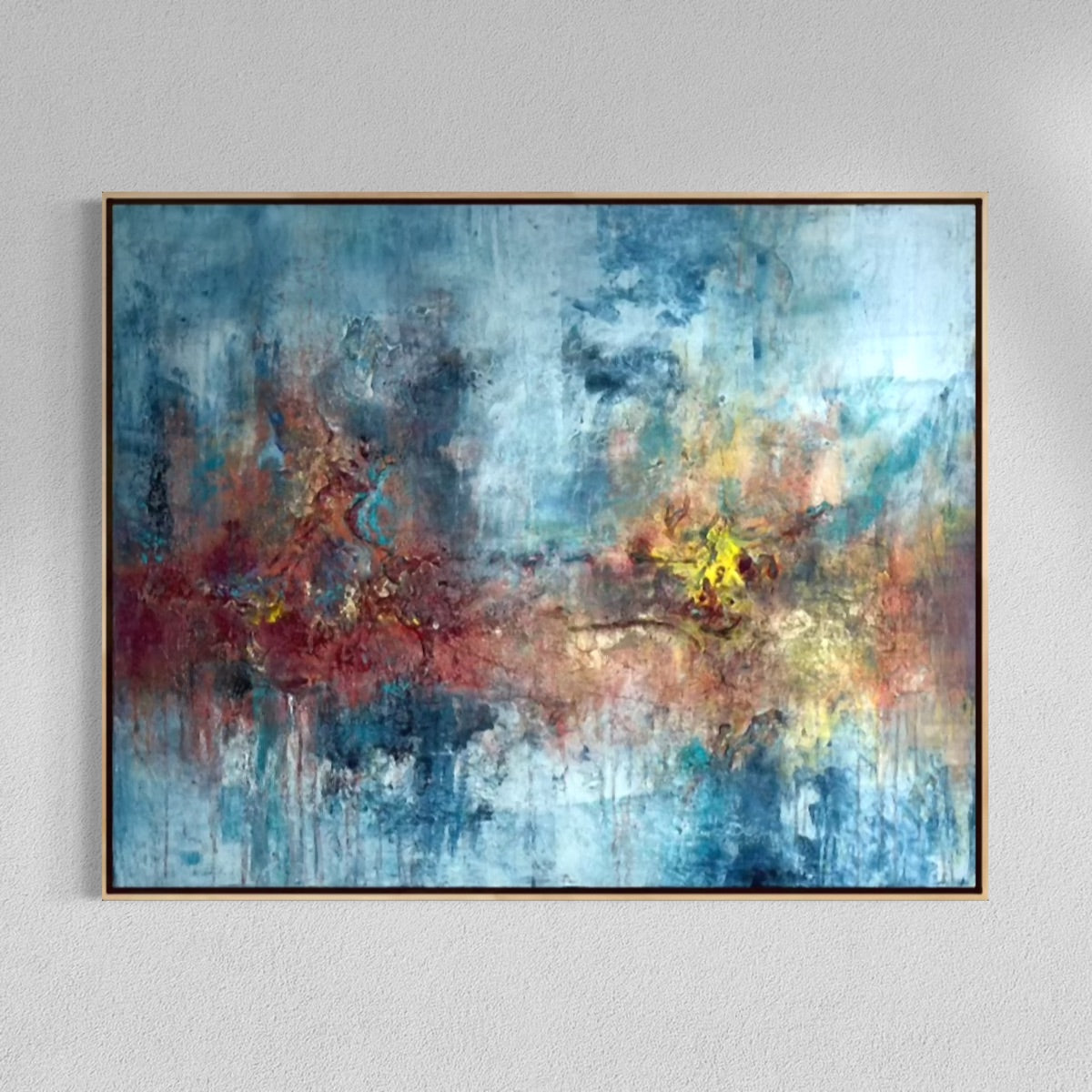 Abstraktes Originalgemälde Whispers Between Worlds – Acryl, Champagnerkreide und Acrylgold in Blau, Weiß, Dunkelrot und Gold, 100 x 80 cm, weiße Schattenfuge mit goldener Akzentlinie, Sabine Runge Painting, Between Worlds Transformation Kollektion