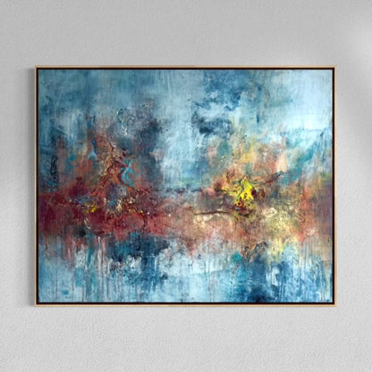 Abstraktes Originalgemälde Whispers Between Worlds – Acryl, Champagnerkreide und Acrylgold in Blau, Weiß, Dunkelrot und Gold, 100 x 80 cm, weiße Schattenfuge mit goldener Akzentlinie, Sabine Runge Painting, Between Worlds Transformation Kollektion