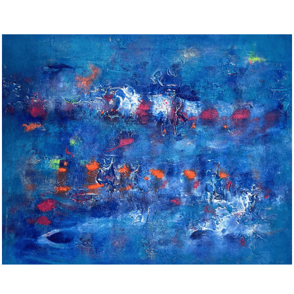 Abstraktes Originalgemälde La Mer – Gesamtansicht, Acryl und Champagnerkreide in Blau, Türkis, Rot und Orange, 100 x 80 cm, Sabine Runge Painting, Inner Voice Kollektion
