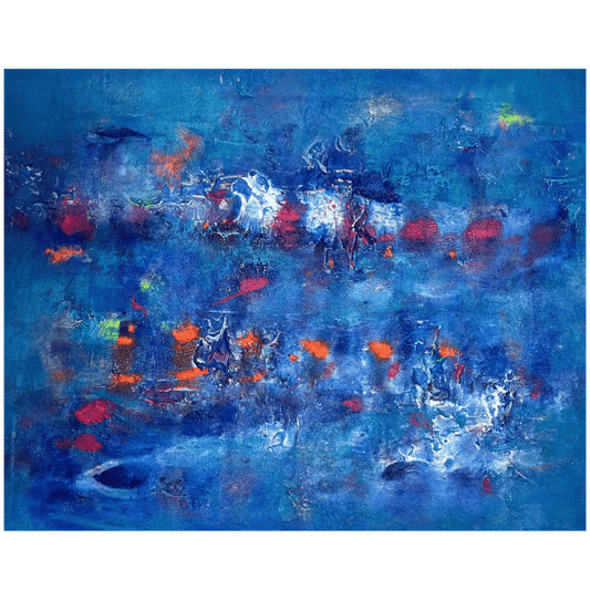 Abstraktes Originalgemälde La Mer – Gesamtansicht, Acryl und Champagnerkreide in Blau, Türkis, Rot und Orange, 100 x 80 cm, Sabine Runge Painting, Inner Voice Kollektion