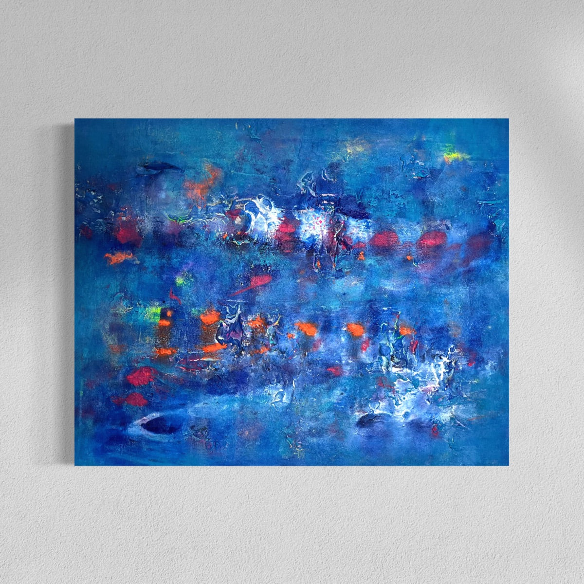 Abstraktes Originalgemälde La Mer – Acryl und Champagnerkreide in Blau, Türkis, Rot und Orange, 100 x 80 cm, Sabine Runge Painting, Inner Voice Kollektion