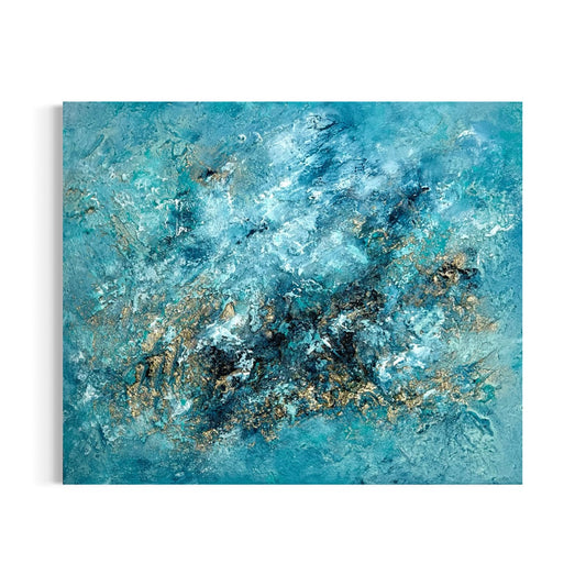 Abstraktes Gemälde Deep Ocean Gold von Sabine Runge – Modernes Acrylbild in Türkis, Blau und Gold auf Leinwand vor weißem Hintergrund.