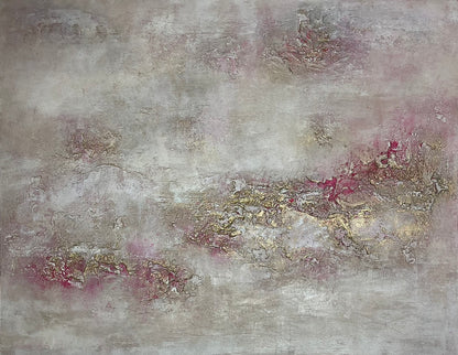 Abstraktes Originalgemälde Elysium – Gesamtansicht, Acryl, Acrylgold und Steinkreide in Grau, Beige und Pink, 70 x 90 cm, Galerieleinwand, Sabine Runge Painting, Echoes Ursprung Kollektion