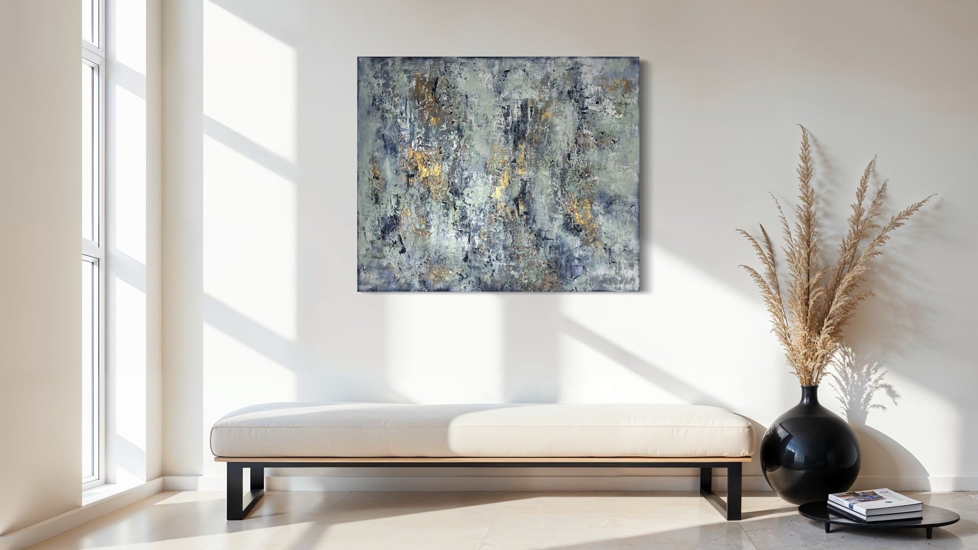 Abstraktes Originalgemälde Cypress – Acryl, 24-Karat-Blattgold, Rügener Kreide und Champagnerkreide in Mint, Blau und Gold, 120 x 100 cm, Sabine Runge Painting