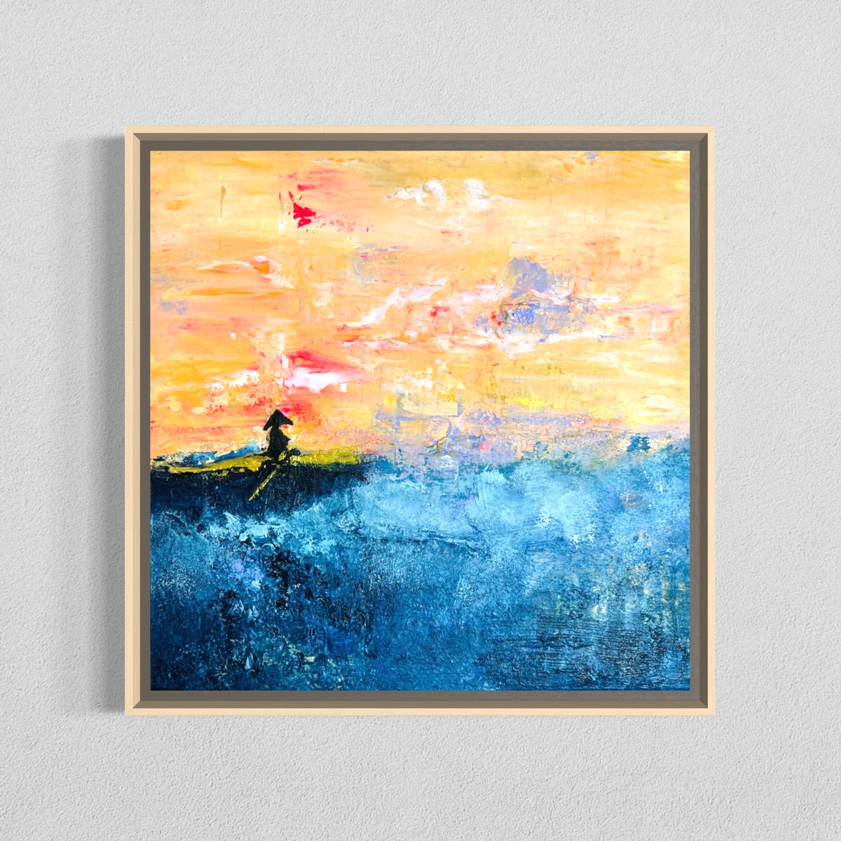 Abstraktes Originalgemälde Silent Navigator – Acryl und Strukturpaste in Orange, Rosa und Blau mit Silhouette, 30 x 30 cm, Schattenfuge Lindenholz, Sabine Runge Painting, Intimate Works Essenz Kollektion
