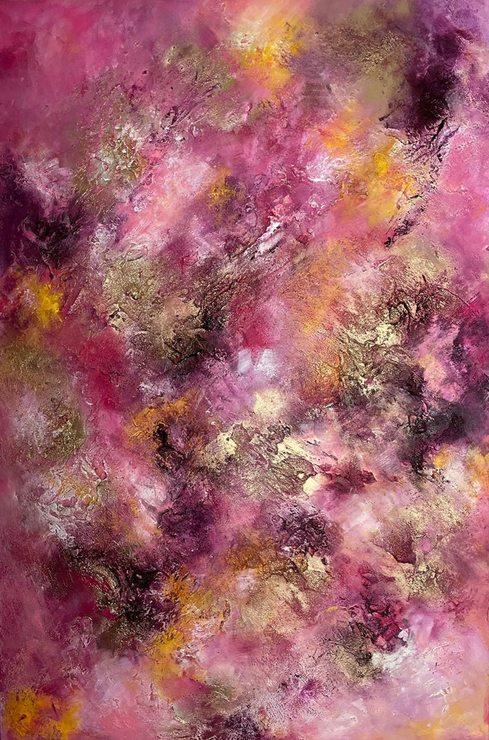 Abstraktes Originalgemälde Magnolia – Gesamtansicht, Acryl, Acrylgold und Rügener Kreide in Pink, Magenta und Dunkelviolett, 120 x 80 mm, Galerieleinwand, Sabine Runge Painting, Inner Voice Kollektion