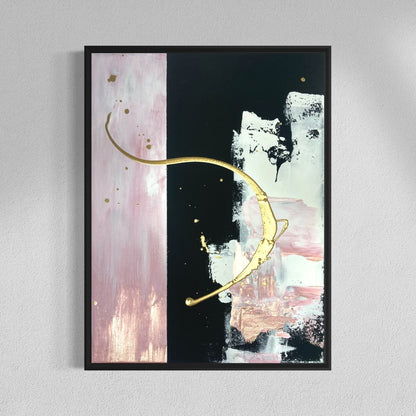 Abstraktes Originalgemälde Pure Light – Acryl mit Metallic-Gold und Metallic-Rose in Rosa und Schwarz, 40 x 30 cm, schwarze Schattenfuge, Sabine Runge Painting, Intimate Works Essenz Kollektion