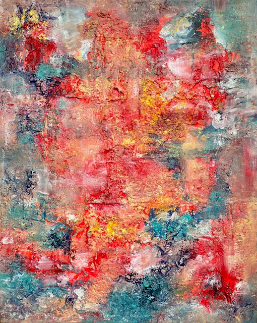 Abstraktes Originalgemälde Forged in Chaos – Gesamtansicht, Acryl, Rügener Kreide und Bologneser Kreide in Rot, Orange und Türkis, 100 x 80 cm, Sabine Runge Painting, Between Worlds Transformation Kollektion