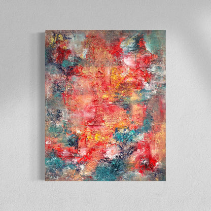 Abstraktes Originalgemälde Forged in Chaos – Gesamtansicht, Acryl, Rügener Kreide und Bologneser Kreide in Rot, Orange und Türkis, 100 x 80 cm, Sabine Runge Painting, Between Worlds Transformation Kollektion