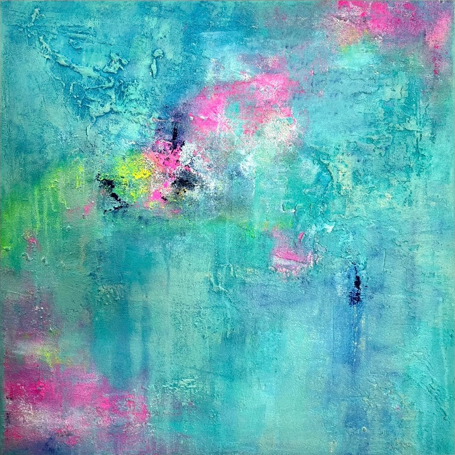 Abstraktes Originalgemälde Lost in Paradise – Gesamtansicht, Acryl und Bologneser Kreide in Türkis, Pink und Gelb-Grün, 80 x 80 cm, weiße Schattenfuge, Sabine Runge Painting, Inner Voice Kollektion