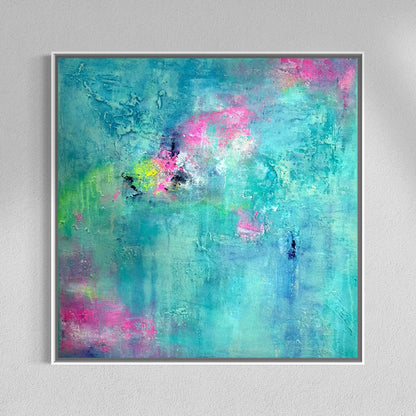 Abstraktes Originalgemälde Lost in Paradise – Acryl und Bologneser Kreide in Türkis, Pink und Gelb-Grün, 80 x 80 cm, weiße Schattenfuge, Sabine Runge Painting, Inner Voice Kollektion