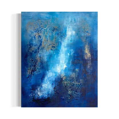 Großes abstraktes Gemälde Del Mar – strukturiertes Wandbild in Blau und Nachtblau mit Metallic-Gold, 100 x 80 cm, Strukturpaste, Sabine Runge Painting