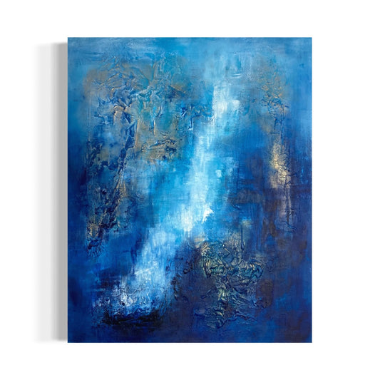 Großes abstraktes Gemälde Del Mar – strukturiertes Wandbild in Blau und Nachtblau mit Metallic-Gold, 100 x 80 cm, Strukturpaste, Sabine Runge Painting