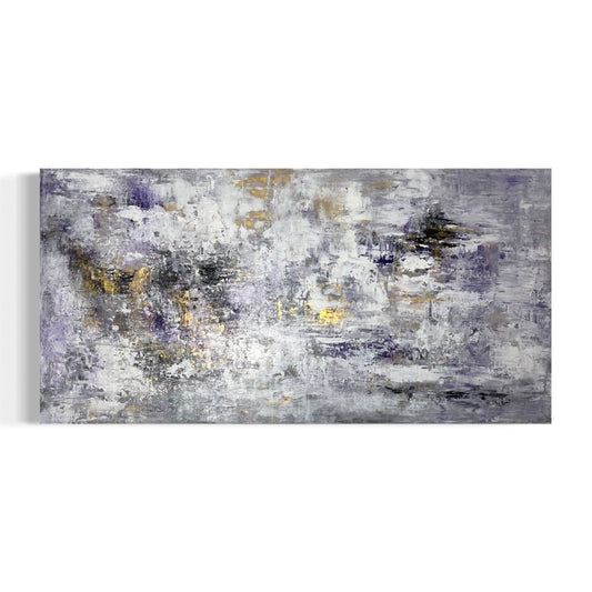 Großes abstraktes Gemälde Moment of Truth – strukturiertes Wandbild in Grau und Gold mit Violett-Akzenten, 120 x 60 cm, 24-Karat-Blattgold, Sabine Runge Painting