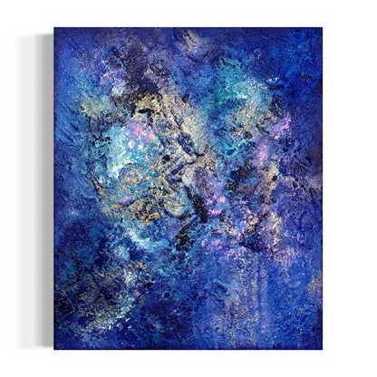 Abstraktes Gemälde in Blau, Türkis, Violett und Gold – „Wait for the Stars“ von Sabine Runge, 60 × 50 cm