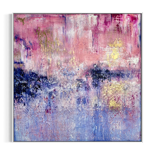 Abstraktes Gemälde in Indigo, Rosa, Weiß und Gold – „Somewhere We Could Disappear“ von Sabine Runge, 100 × 100 cm, weiße Schattenfuge