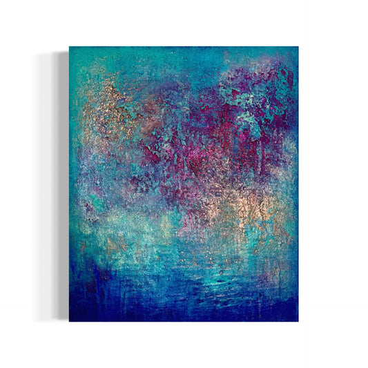 Abstraktes Gemälde in Türkis, Blau, Magenta und Kupfer – „Barefoot at Midnight“ von Sabine Runge, 60 × 50 cm