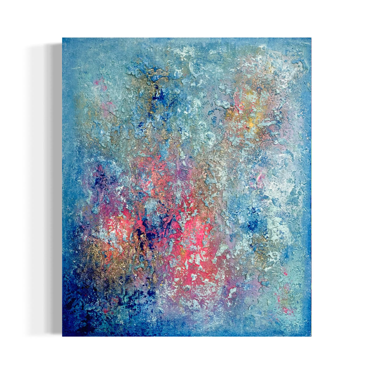Abstraktes Gemälde in Türkis, Rosa, Neonpink, Weiß und Gold – „Still in Love with Summer“ von Sabine Runge, 60 × 50 cm