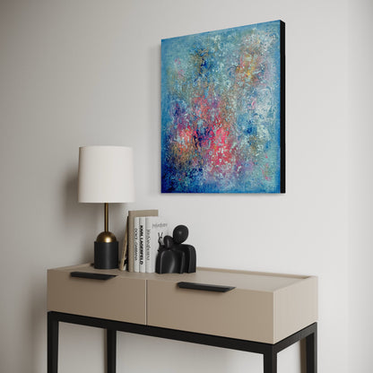 Abstraktes Gemälde in Türkis, Rosa, Neonpink, Weiß und Gold, Visualisierung im Raum – „Still in Love with Summer“ von Sabine Runge, 60 × 50 cm, Ansicht 4