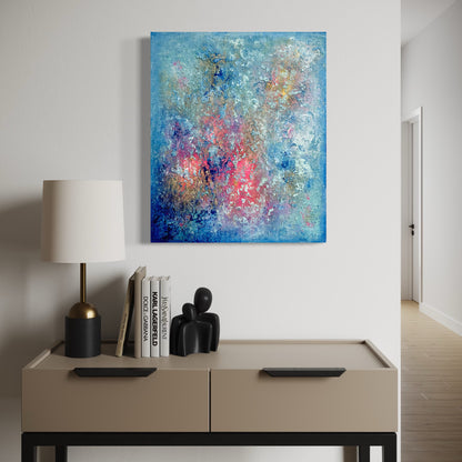 Abstraktes Gemälde in Türkis, Rosa, Neonpink, Weiß und Gold, Visualisierung im Raum – „Still in Love with Summer“ von Sabine Runge, 60 × 50 cm, Ansicht 5