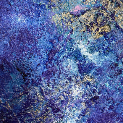 Detailaufnahme der Reliefstruktur in Blau, Türkis und Gold – abstraktes Gemälde „Wait for the Stars“ von Sabine Runge, 60 × 50 cm, Ansicht 3