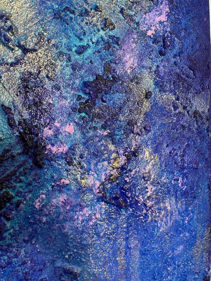 Detailaufnahme der Reliefstruktur in Blau, Türkis und Gold – abstraktes Gemälde „Wait for the Stars“ von Sabine Runge, 60 × 50 cm, Ansicht 4
