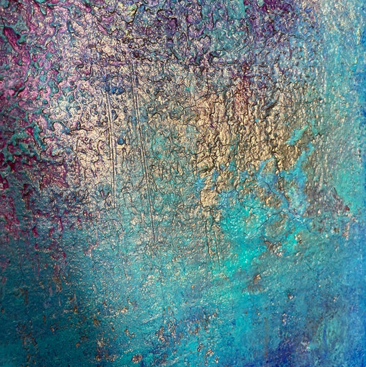 Detailaufnahme der Strukturpasten in Türkis, Magenta und Kupfer – abstraktes Gemälde „Barefoot at Midnight“ von Sabine Runge, 60 × 50 cm, Ansicht 2