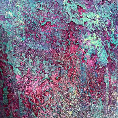 Detailaufnahme der Strukturpasten in Türkis, Magenta und Kupfer – abstraktes Gemälde „Barefoot at Midnight“ von Sabine Runge, 60 × 50 cm, Ansicht 3