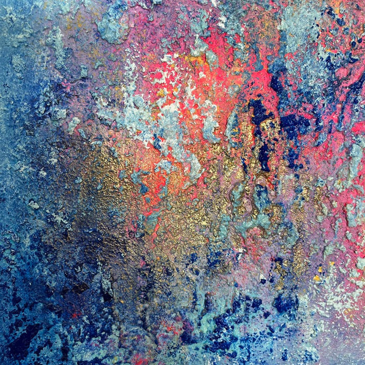 Detailaufnahme der Strukturpasten in Türkis, Rosa und Gold – abstraktes Gemälde „Still in Love with Summer“ von Sabine Runge, 60 × 50 cm, Ansicht 2