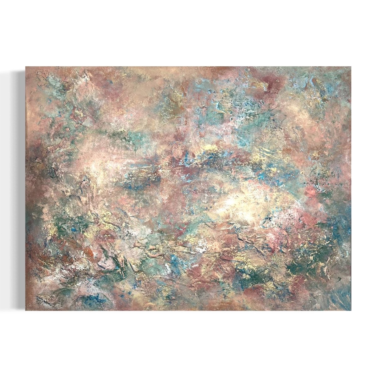 Abstraktes Großformat-Gemälde Sintra von Sabine Runge – terracottafarbenes Acrylbild mit Salbeigrün, Türkis und metallischen Goldeffekten, extrem strukturierte Oberfläche, 160x120 cm auf 4,5 cm tiefer Galerieleinwand