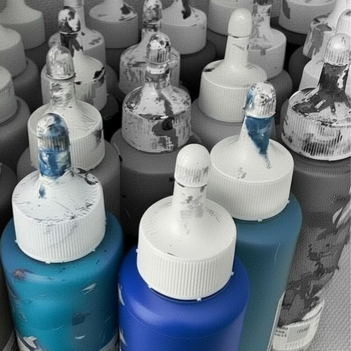 Artist materials and expressive paint colors in Sabine Runge’s contemporary studio.