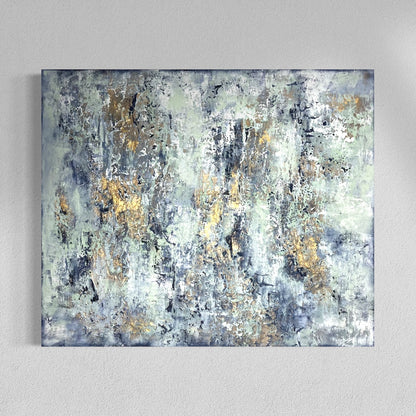 Cypress – abstraktes Originalgemälde mit Blattgold in Grau und Mint-Tönen von Sabine Runge