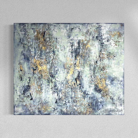 Cypress – abstraktes Originalgemälde mit Blattgold in Grau und Mint-Tönen von Sabine Runge