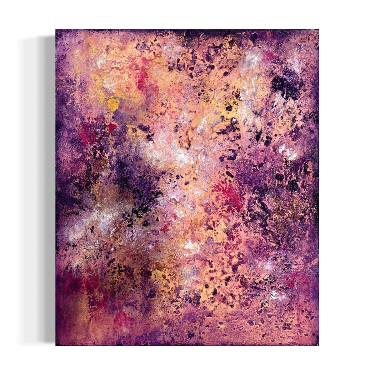 Abstraktes Gemälde in Violett, Rosa, Orange und Rot – „Stay until Sunset“ von Sabine Runge, 60 × 50 cm