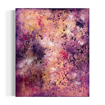 Abstraktes Gemälde in Violett, Rosa, Orange und Rot – „Stay until Sunset“ von Sabine Runge, 60 × 50 cm