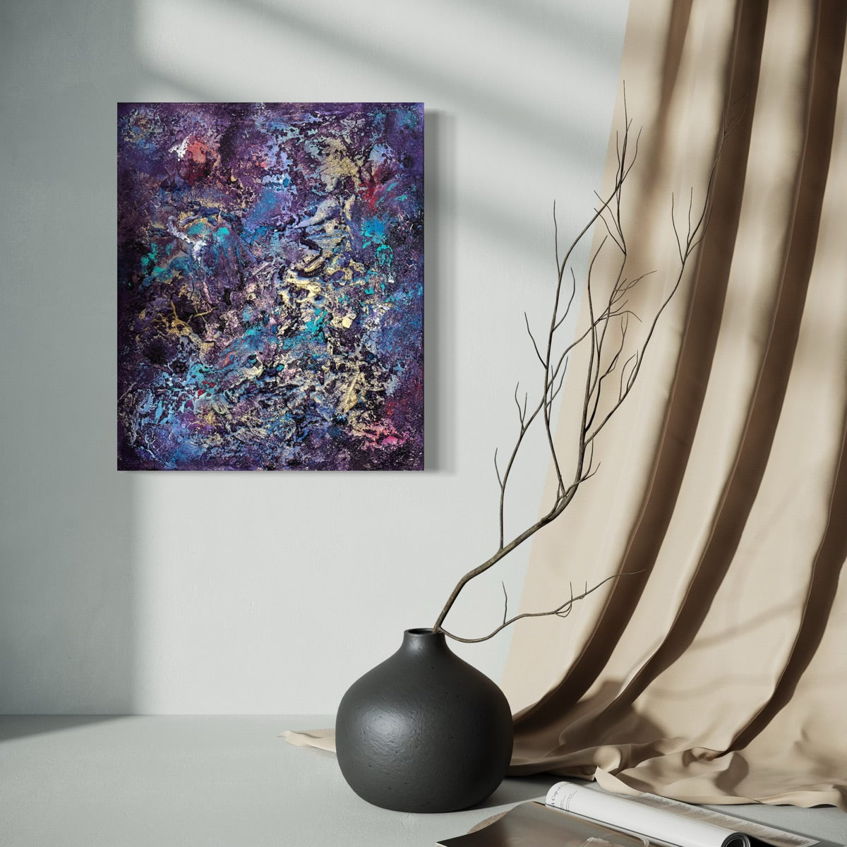 Abstrakte Kunst kaufen fürs Wohnzimmer – Originalgemälde Velvet Abyss im minimalistischen Interior