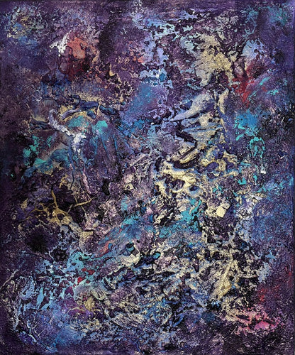 Velvet Abyss – abstraktes Originalgemälde mit Gold-Metallic und Roségold-Akzenten von Sabine Runge, 60x50 cm, handgemalt